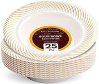 Disposable Plastic Soup Bowls - 25 Pack 12 Oz. Cream Bowl with Elegant Gold Swirl Rim Design for Wedding, Birthday, Dinner Party - by Elite Selection