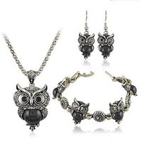 Meolin Vintage Owl Turquoise Jewelry Set Owl Series Necklace Charm Bracelet Dangle Earrings,black,As Description