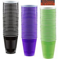 18 oz Party Cups, 96 Count - Black, Purple, Lime Green - 32 Each Color