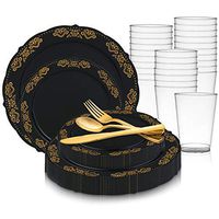 Disposable Plastic Dinnerware Wedding Value Set for 60 Guests - Includes Fancy Round Black with Gold Dinner Plates, Dessert/Salad Plates, Gold Silverware Set & Cups For Birthday Party & All Occasions