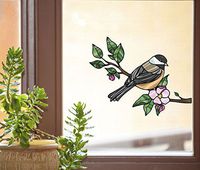 Bird - Chickadee with Apple Blossom - Stained Glass Style See-Through Vinyl Window Decal - Copyright 2015 Yadda-Yadda Design Co. (Size Choice) (MD 6"w x 4.75"h)