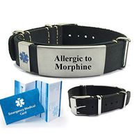 Allergic to Morphine Top Grain Leather NATO Style Medical Alert ID Bracelet. Choose Color!