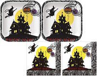 FLOMO Halloween Large Durable Strong Disposable Paper Party Plates & Napkins (16 Plates; 32 Napkins, Gray)