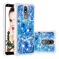 Cfrau Liquid TPU Case with Black Stylus for LG K40/K12 Plus,Luxury Love Hearts Stars Series Cute Pattern Bling Glitter Sparkle Floating Shockproof Quicksand Case,Blue Butterfly