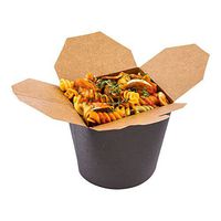26 oz Round Black Paper Round Noodle Take Out Container - 4" x 3 1/2" x 3 3/4" - 50 count box - Restaurantware