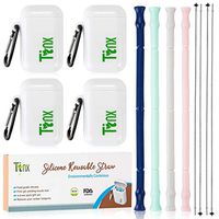 Tinx - Reusable Silicone Straws with Case (Set of 4 Folding, 4 Cleaning Brushes & 4 Pod Travel Cases) | BPA Free Food Grade Silicone Rubber | Safe for bars, adults, teens | Eco Friendly Gift Pack,