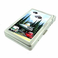 Cigarette Case with Built in Lighter Vintage Alien Abduction S3 Smoking King Size Cigarettes Silver Metal Wallet 4" X 2.75" RFID Protection Space Invaders