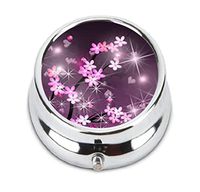 Spring Sparkling Purple Sakura Cherry Blossoms Flowers Custom Fashion Round Pill Box Medicine Tablet Holder Wallet Organizer Case for Pocket or Purse