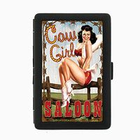 Perfection In Style Black Color Metal Cigarette Case Vintage Cowgirl Design 008