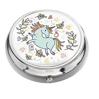 Pill Box with High Gloss Design - Compartment Pill Case, Pill Box for Pocket or Purse (Cute Cartoon Unicorn) (Round)