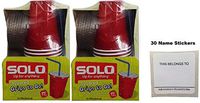 Solo 9 ounce plastic cups, Lids, and Straws combo pack, 30 cups, Red (2x 15 cup Packs) with name stickers