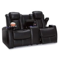 Seatcraft Omega Home Theater Seating Loveseat Leather Gel Black with Adjustable Powered Headrests, USB Ports, Storage Console, Lighted Cup Holders, Power Recliners