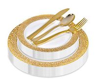 Gold Lace Plastic Dinnerware (125-Piece) Plastic Plates, Plastic Forks, Plastic Knives, Plastic Spoons - Service for 25 Guests Elegant Place Setting for Wedding, Party, Baby Shower, Birthday, Holiday