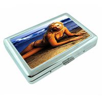 Beach Babe USA Pin Up Girl Model Silver Cigarette Case 17 Metal Wallet Id Holder 4" X 2.75" RFID Protection