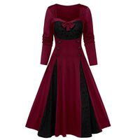 iNoDoZ Women Plus Size Halloween Scary Print Lace Insert Smock Button Bowknot Dress Wine