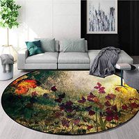 RUGSMAT Butterfly Modern Washable Round Bath Mat,Retro Style Poppy Flowers Coffee Table Mat Non-Skid Living Room Carpet Round-55