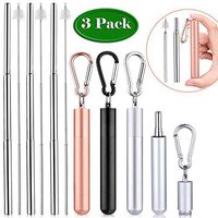 Collapsible Reusable Telescopic Straws 3 pack Stainless Steel Brush Drinking Straws Foldable Straw FDA Mix ( Rose , Black, Silver)