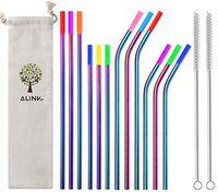 ALINK 12-Pack Reusable Rainbow Metal Drinking Straws with Silicone Covers, Stainless Steel Straws for 30oz / 20oz Yeti/Rtic Tumblers with Cleaning Brush and Carrying Case