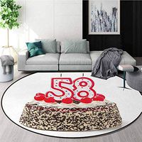 58Th Birthday Modern Washable Round Bath Mat,Birthday Cake Photograph with Cherries and Yummy Effects Sweet Age Picture Non-Slip Bathroom Soft Floor Mat Home Decor Diameter-47 Inch,Multicolor