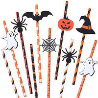 Aneco 48 Sets Halloween Themed Paper Drinking Straws Pumpkin Ghost Spider Bat Spider Web Witch Hat Pattern Decorative Drinking Straws for Party Supplies
