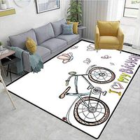 Paisley Rug Pads, Doodle Style Cycling Leisure Theme with A Little Kids Fashionable Cute Bike Butterflies, Durable Rugs - Living, Dinning, Office, Rooms & Bedrrom, Hallway Carpet(2.5'x 7')