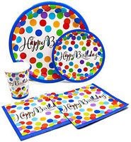 Happy Birthday Dots Pack! Disposable Paper Plates, Napkins and Cups Set for 17 (With free extras)
