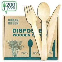 Disposable Wooden Cutlery Set Urban Green - Set of 200 Bio-Degradable Forks, Spoons, and Knives - Compostable Plastic Alternative for Kitchen Utensils - Food-Safe, Eco-Friendly, Bamboo Utensils