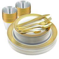 175 Pc Elegant Gold Diamond Plastic Dinnerware Set | Bundle Includes Plates, Spoons, Forks, Knives, Cups | High-End Disposable Party Supplies For Weddings, Housewarming, Graduation & Parties