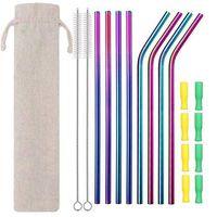 Beloca Metal Reusable Straws Set 8 Reusable Stainless Steel Drinking Straws with 2 Cleaning Brushes and 8 Silicone Tips for Tumblers Cold Beverage, Smoothie Milkshake Cocktail, Hot Drinks (Rainbow)