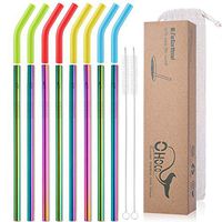 Reusable Stainless Steel Metal Drinking Straws with Flexible Silicone Tips - Extra Long x 8mm Wide for 30oz 20oz Tumblers, Set of 8 with 2 Cleaning Brushes 1 Portable Case, Rainbow