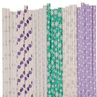 Frozen Snowflake Winter Paper Straws Mix - Polka Dots, Snowflake and Stars - Lavender, Aqua, Silver (25)