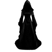 Bokeley Women Retro Medieval Dress Renaissance Lace Up Vintage Gothic Dress Floor Length Hooded Cosplay Dresses (XL, Black)