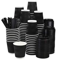 NYHI Set of 100 Black Disposable Paper Cups with Black Lids and Straws (12-oz) | Ripple Insulated Kraft for Hot Drinks - Tea & Coffee | Triple Layer Design | Eco- Friendly, Recyclable, Durable Paper