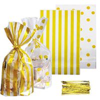 SelfTek 100 Pack Gold Polka Dot and Gold Striped Candy Bags with 100 Pieces Twist Ties,Plastic Treat Bags Cookie Candy Snack Wrapping for Birthday Christmas Baby Shower Wedding,9.8 x 5.9 inch