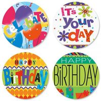 Bright and Bold Birthday Envelope Seals - Set of 24 (4 Designs) Sticker Seals on 8-1/2" x 11" Sheet