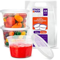 Stack Man [48 Pack, 16 oz] Plastic Deli Food Storage Soup Containers With Airtight Lids, Freezer Safe | Meal Prep | Stackable | Leakproof | BPA Free, Clear
