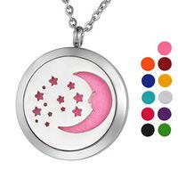 VALYRIA Aromatherapy Essential Oil Diffuser Necklace Star Moon Locket Pendant with 24" Chain,11 Refill Pads(Engraving)