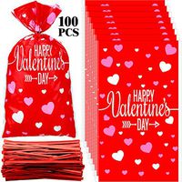 100 Pieces Valentine Cellophane Bags Heart Shaped Red Treat Bags Happy Valentine's Day Gift Bags with Twist Ties for Candy, Gifts, Wedding Party Favors