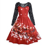 DayToy Floral Dresses for Women Elegant Fit and Flare Dress Long Sleeve Mesh Printed Christmas Skirt Red