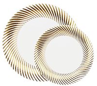 Party Joy 50-Piece Plastic Dinnerware Set | Swirl Collection | (25) Dinner Plates & (25) Salad Plates | Heavy Duty Premium Plastic Plates for Wedding, Parties, Camping & More (Gold Swirl)