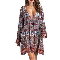 HNTDG Fashion Women Sexy Deep V-Neck Summer Beach Bohemian Sundress Loose Short Print Loose Long Sleeve Dress Khaki