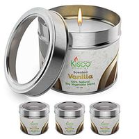 KISCO CANDLES Luxury Scented Candles, 4 Pack – 100% Natural Soy Wax – Beautiful Gift Set Tins – Soothing, Relaxing Light Vanilla Fragrance - Aromatherapy, Decoration, Parties - 4.5oz