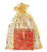 SUNGULF 100pcs Organza Pouch Bag Drawstring 6"x8" Strong Gift Candy Bag Jewelry Party Wedding Favor (Gold Flower Vine Print)