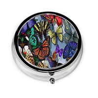 Pill Box Cool Butterfly Round Pill Case Daily Metal Silver Medicine Tablet Holder Organizer Storage Cases for Purse Pocket Travel Vitamin,Small 2 inch,3 Compartment