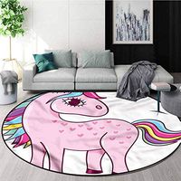 RUGSMAT Kawaii Round Kids Rugs,Unicorn Rainbow and Unicorn Pattern Round Area Rugs Thin Diameter-35