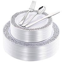 180 Pieces Silver Plastic Plates with Disposable Silverware, Lace Design Silver Plates Includes 36 Dinner Plates 10.25 Inch, 36 Dessert Plates 7.5 Inch, 36 Forks, 36 Knives, 36 Spoons