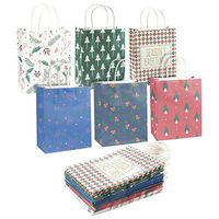 24-Pack Christmas Gift Bags - Kraft Paper Bags, Paper Bags with Handles for Shopping, Christmas Gifts, 6 Assorted Designs - 10 x 4.25 x 8 Inches
