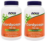 NOW Foods Cordyceps 200 Vegan Caps (Pack of 2), 750mg, Organic Cordyceps Sinensis Mycelium Mushroom Powder - in Non-Organic Capsules - Non-GMO VCaps