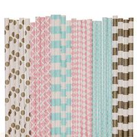 Biodegradable Paper Straws Mix, Cotton Candy, Light Pink Light Blue Gold, Polka Dot Damask Striped Diamond Quatrefoil (25)