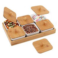 Ceramic Snack Serving Tray, 6-Compartment Tray Serving Platter with Bamboo Lid and Pallets,for Food,Snacks,Condiments, Appetizers,White